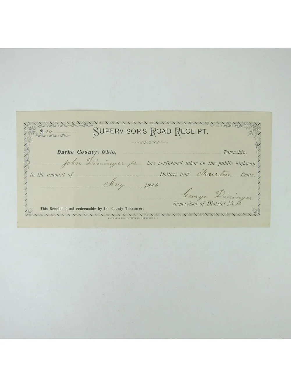 Darke County Ohio Supervisors Road Receipt Highway Work Dininger Antique 1886